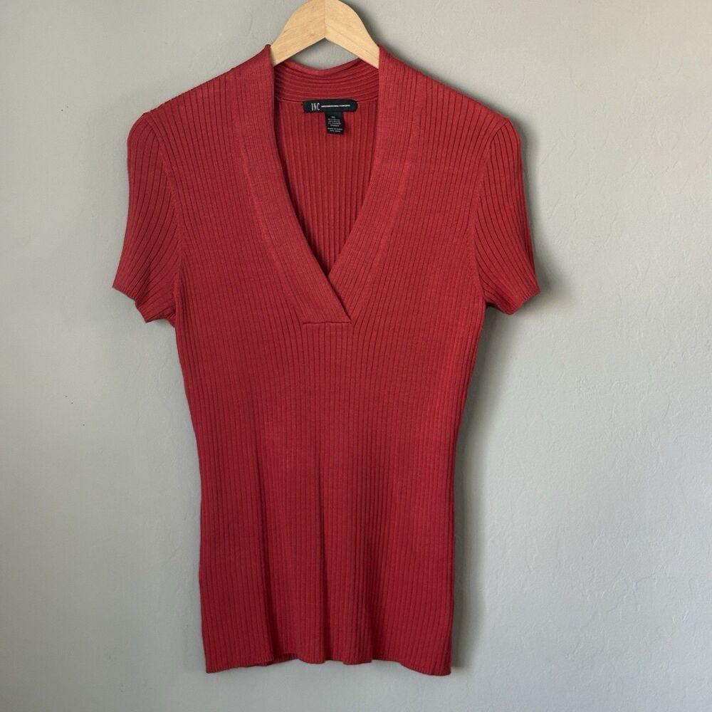 INC International Concepts Ribbed VNeck Sweater XL Brick Red Tailored Classic